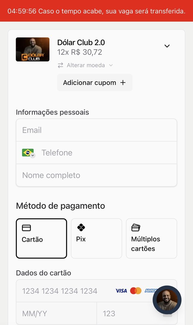 Checkout real do Dólar Club na Hubla