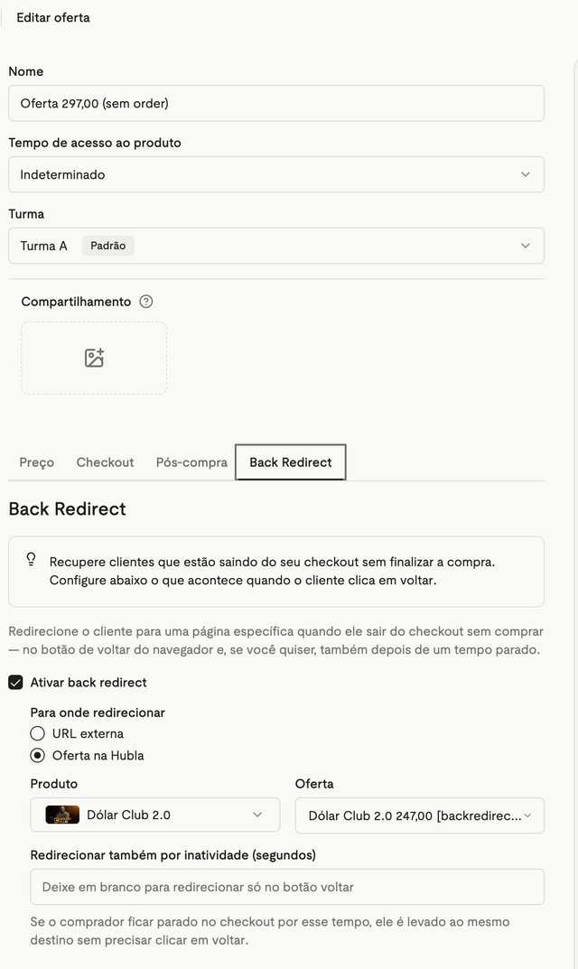 Configuração do back redirect na Hubla